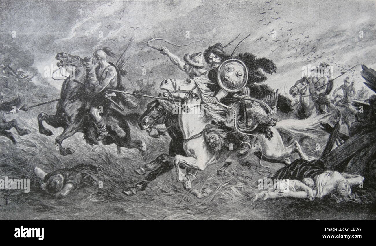 Gravur mit den verheerenden Angriff der plündernden Magyaren Stockfoto