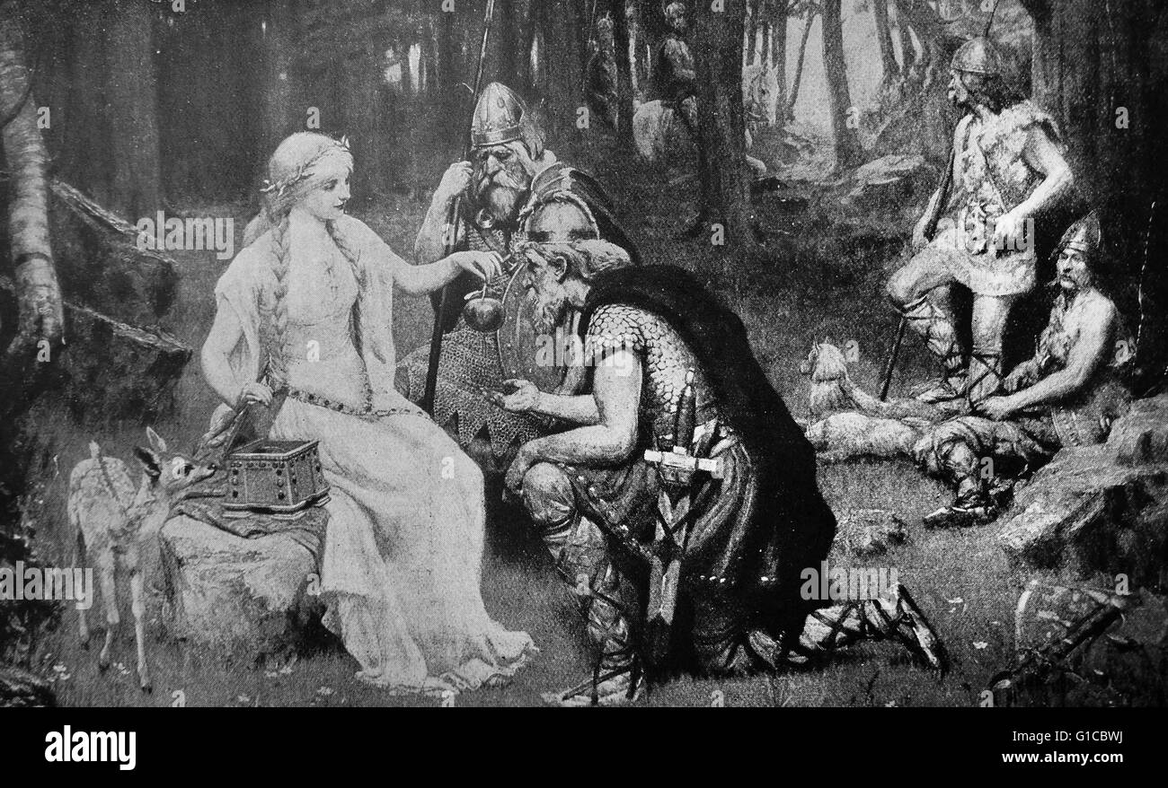 Darstellung der nordischen mythologischen Geschichte von Iðunns Äpfel Gravur Stockfoto