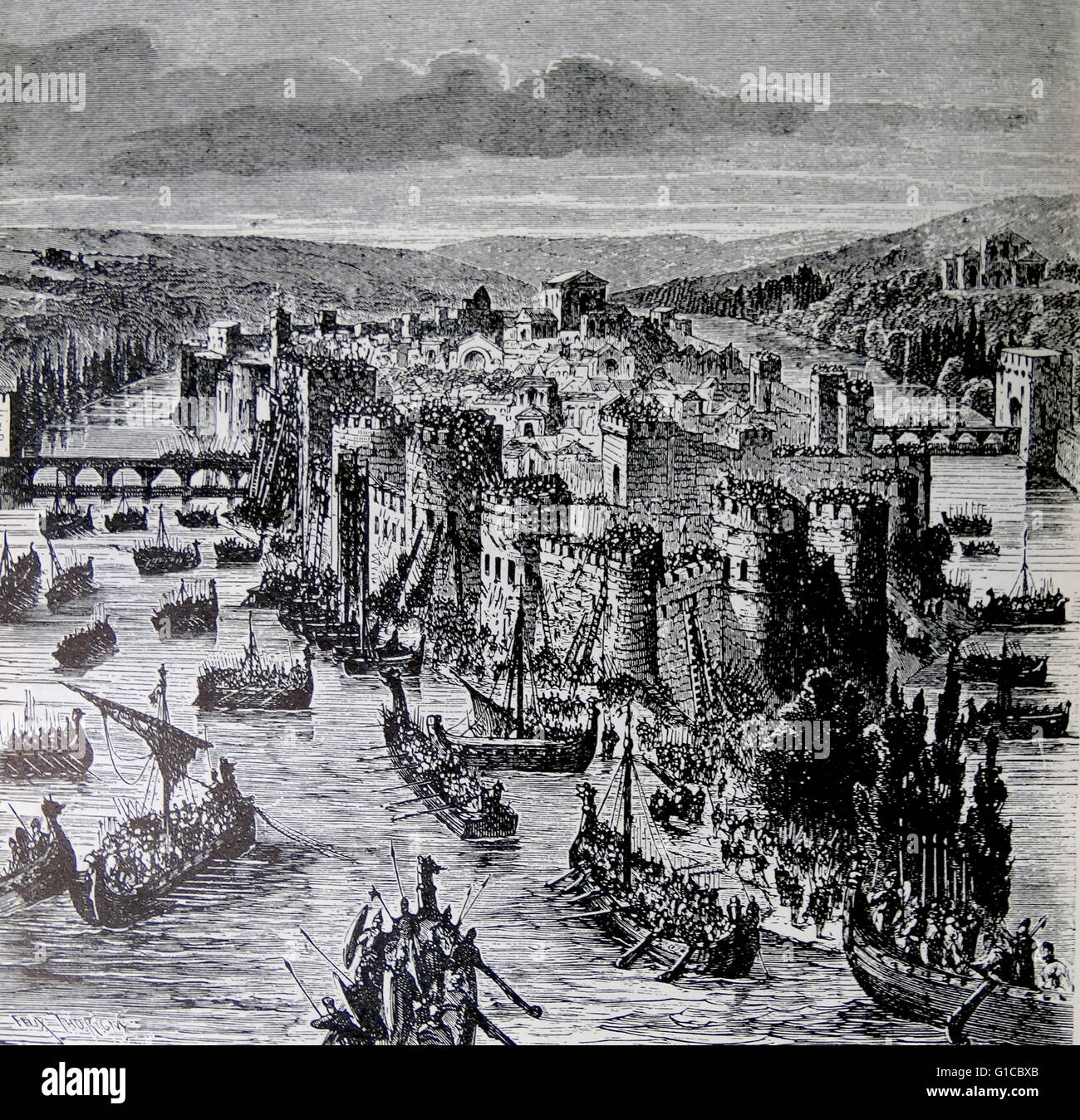 Gravur von Paris im 9. Jahrhundert von den Nordmännern überschwemmt Stockfoto
