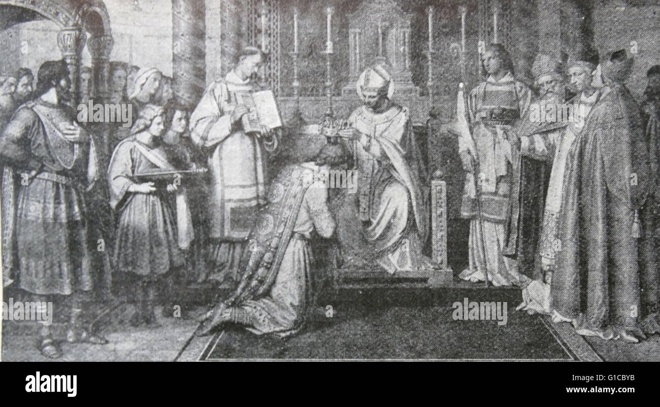 Kupferstich von St. Bonifatius Krönung König Pippin III. (714-768) erster König der fränkischen Carolingian Dynastie und der Vater Karls des großen. Vom 8. Jahrhundert Stockfoto