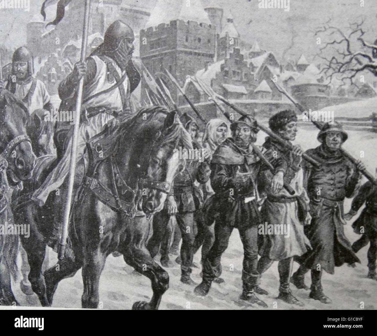 Gravur mit Rittern und Pikeniere des 15. Jahrhunderts Stockfoto