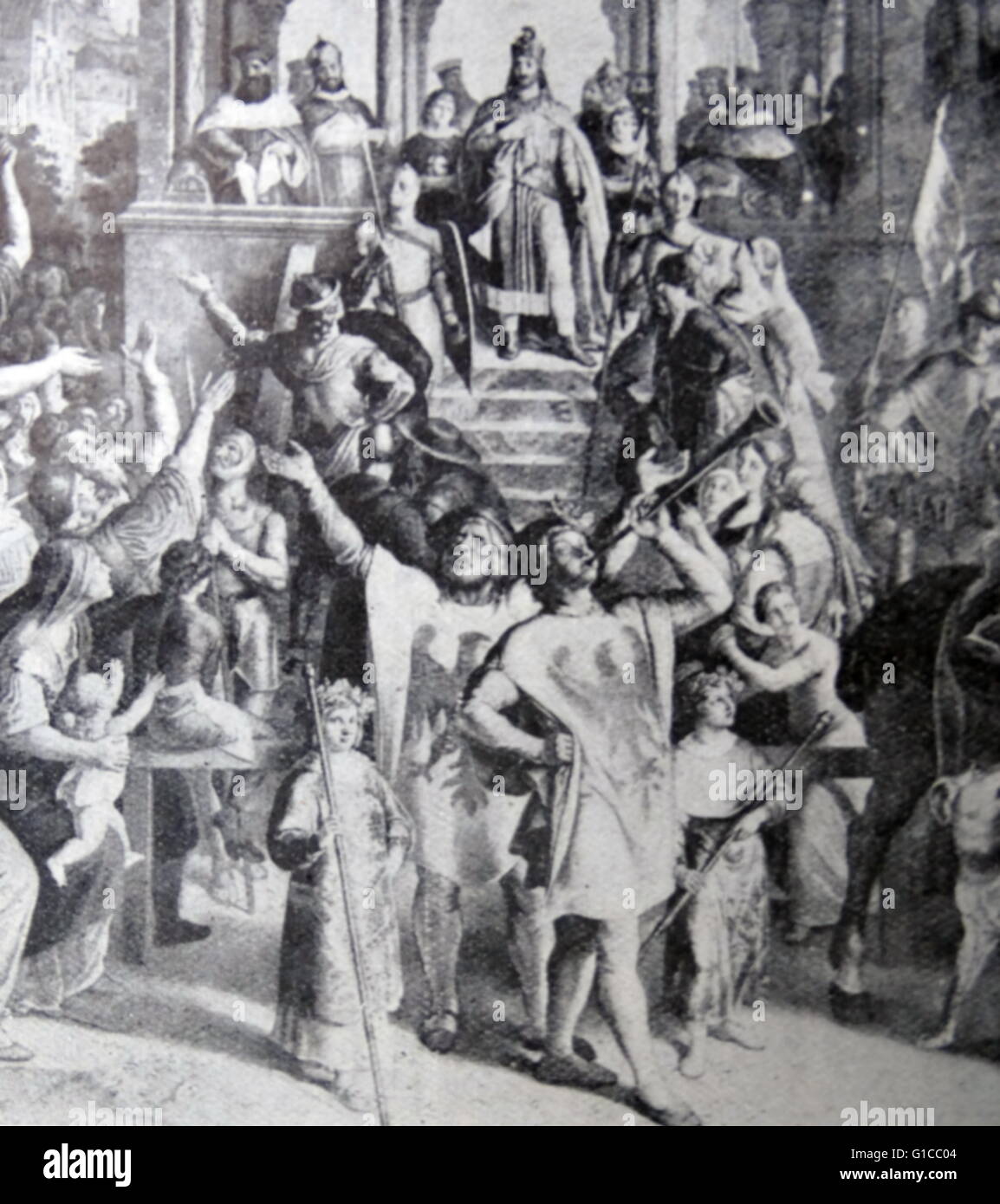 Gravur, Darstellung der Wahl Friedrichs i., Kaiser des Heiligen Römischen Reiches (1122-1190) wurde er König von Deutschland in Frankfurt gewählt. Vom 12. Jahrhundert Stockfoto