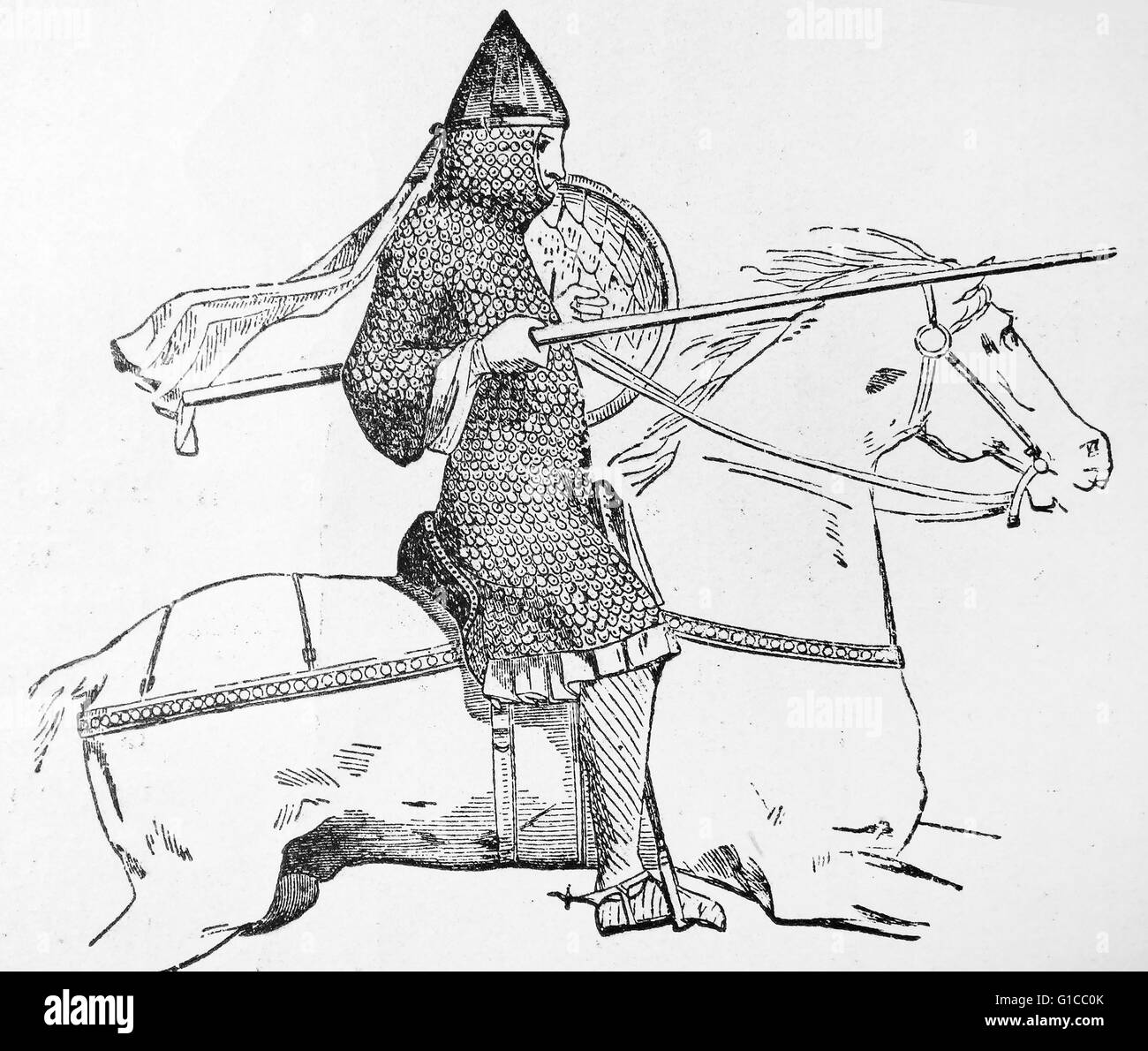Gravur mit einem berittenen Ritter des 12. Jahrhunderts Stockfoto