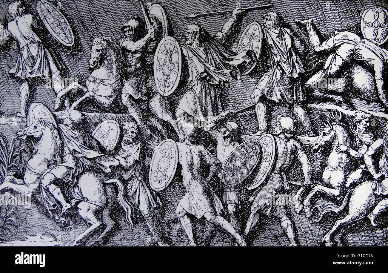 Gravur, eine Schlacht zwischen den Römern und den deutschen Markomannen während der Marcomannic Kriege. Vom 2. Jahrhundert Stockfoto