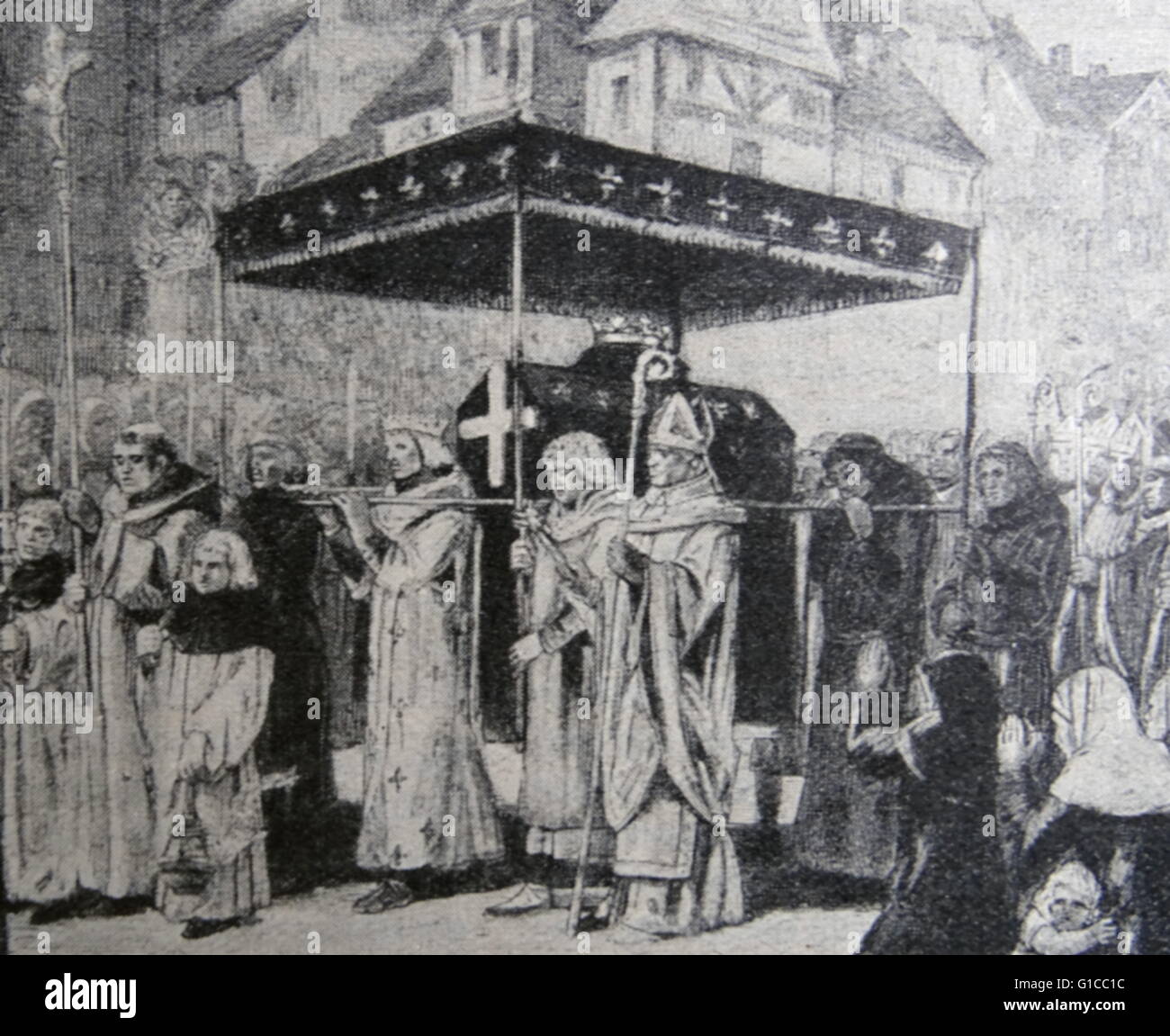 Gravur mit Philip Augustus (1165-1223) tragen den Körper seines Vater Louis VII (1120-1180) zur Beerdigung. Vom 12. Jahrhundert Stockfoto