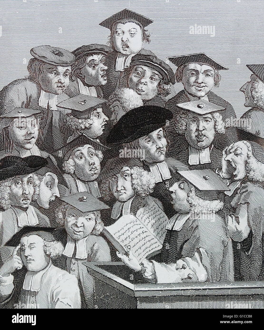 Wissenschaftler in einem Vortrag von William Hogarth von William Hogarth (1697-1764). Englischer Maler, Grafiker, bildhafte Satiriker. Stockfoto