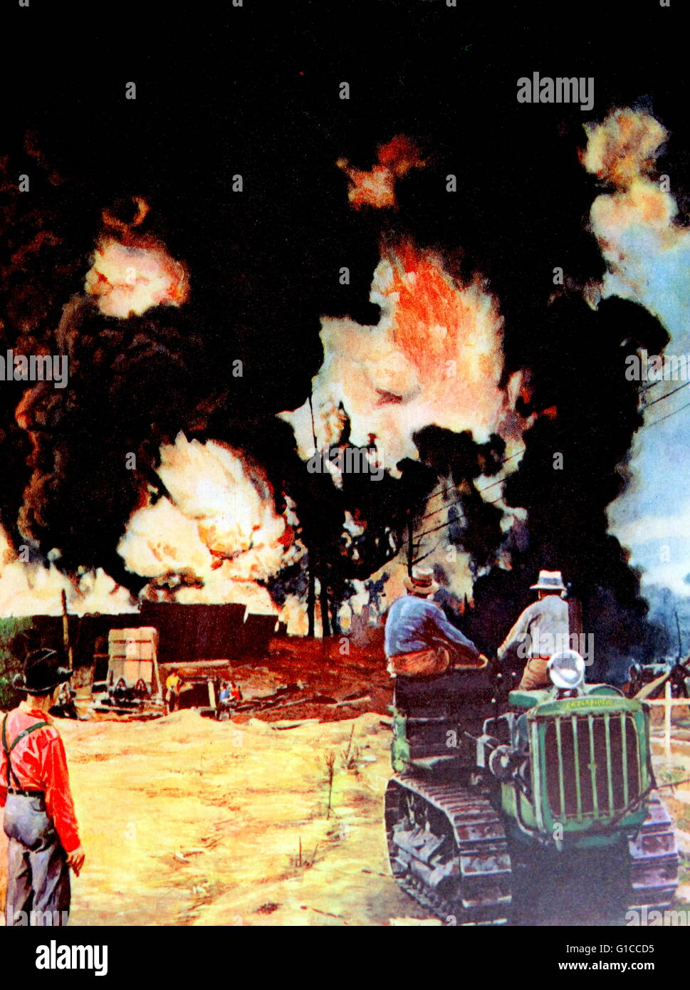 Ölarbeiter in Texas und schauen auf eine Ölquelle Feuer 1930 Stockfoto