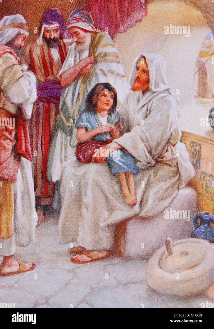 Jesus tröstet eine Kind Illustration von Arthur A. Dixon 1872-1959. Aus dem kostbaren Geschenk: Geschichten aus der Bibel für Kinder von T W Wilson (1910). Stockfoto