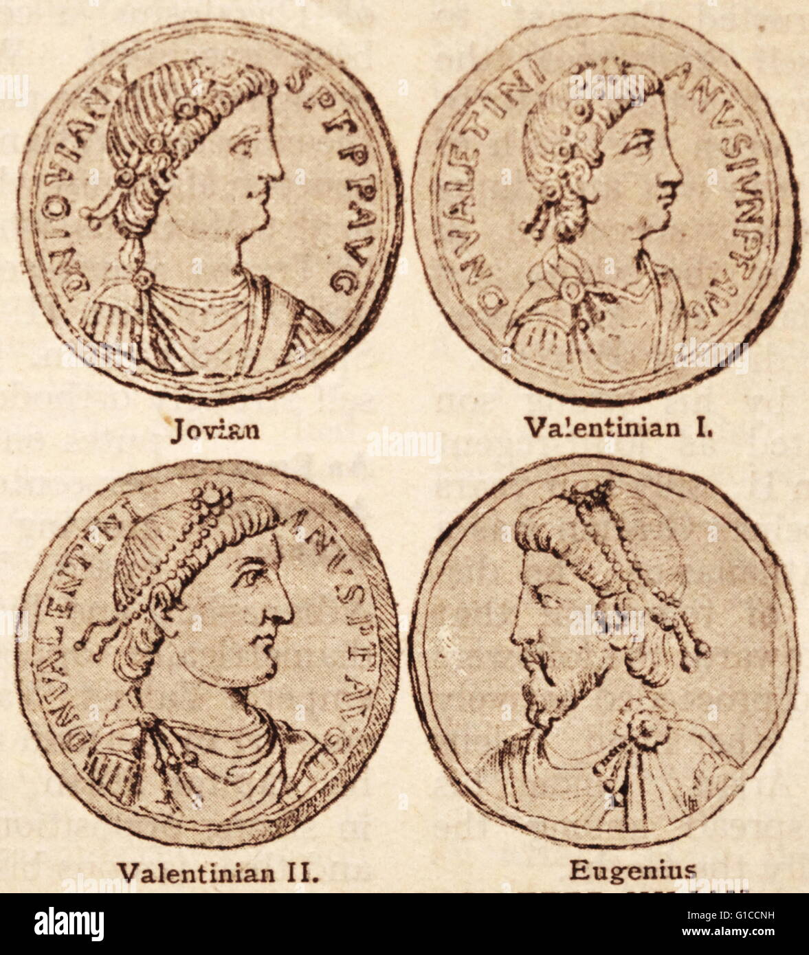 Gravuren von Münzen mit Kaiser begab nach Julian Stockfoto