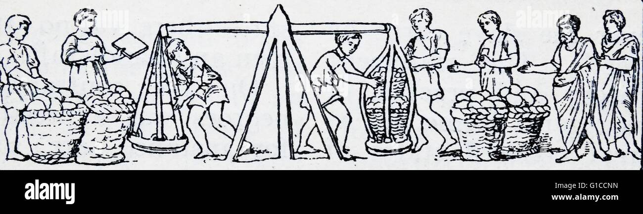 Holzschnitt Darstellung römischen Sklaven mit einem Gewicht von Produkten. Stockfoto