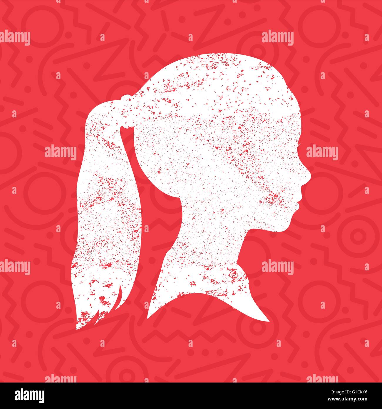 Kleine Mädchen Gesicht Profil Silhouette mit Pferdeschwanz Frisur im Grunge Texturen übermalen bunten roten Hintergrund, Kind Kopf Stock Vektor