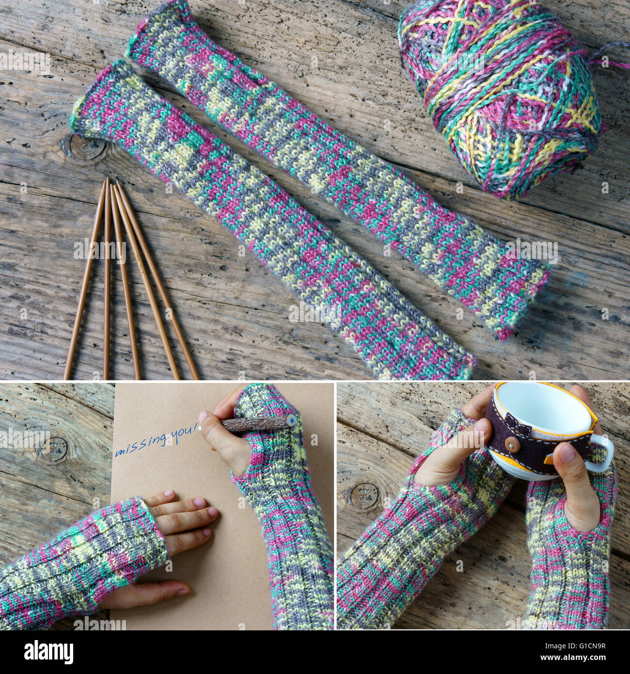 Frauen Handstricken Wollhandschuhe zu Weihnachtsgeschenk, ein besonderes Geschenk für kalte Winter, bunte Wolle Ball, zwei-Punkt-Nadel Stockfoto
