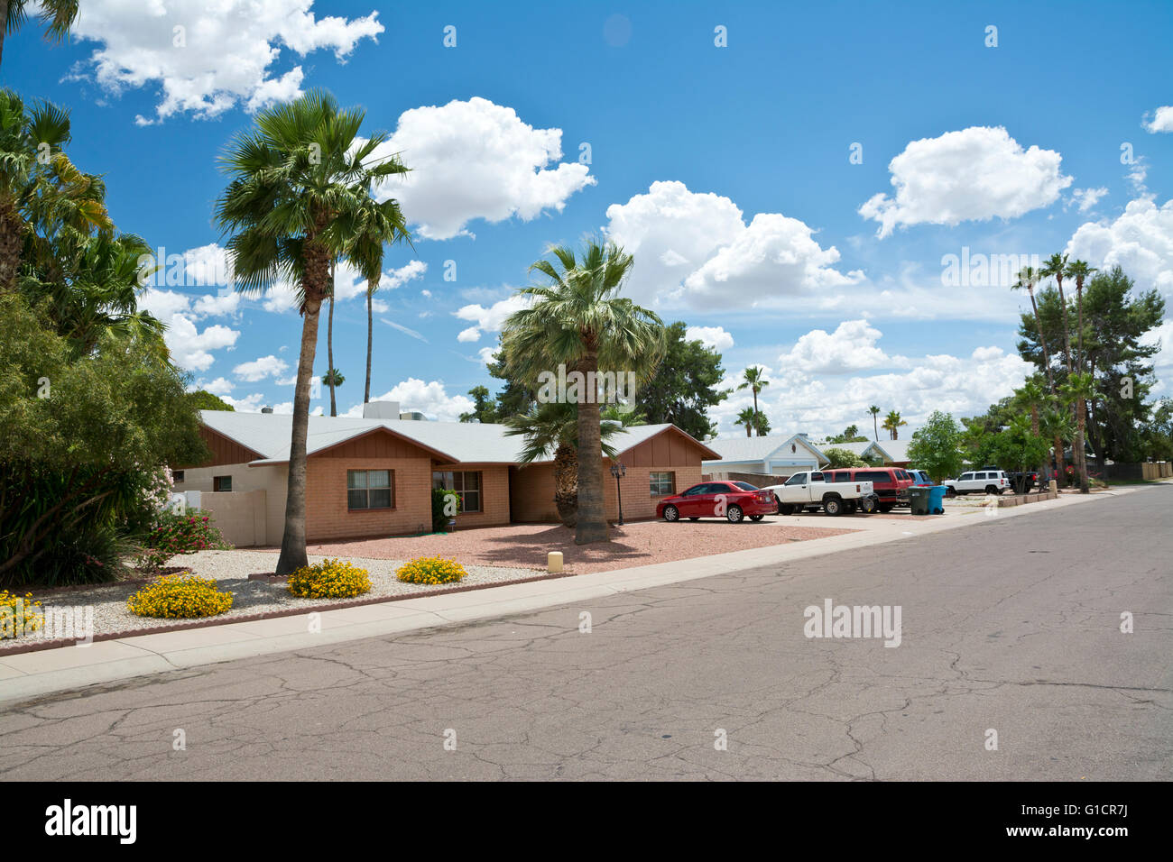Wohnstraße mit Häusern in Phoenix, Arizona. Häuser in Phoenix, AZ, USA Stockfoto
