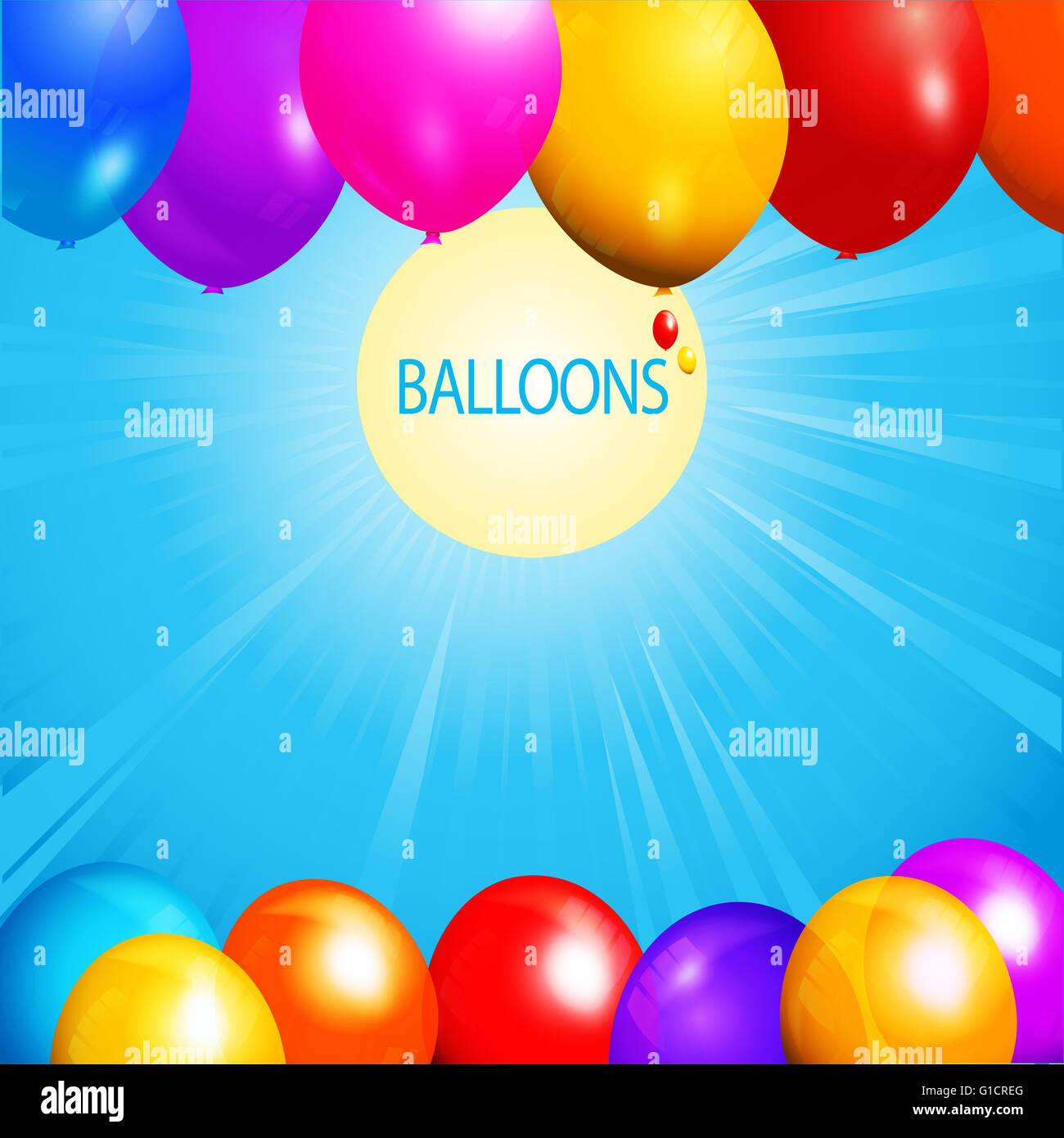 Bunte Ballons über blauer Himmel mit Sonne Sonne Strahlen und Texthintergrund Stockfoto