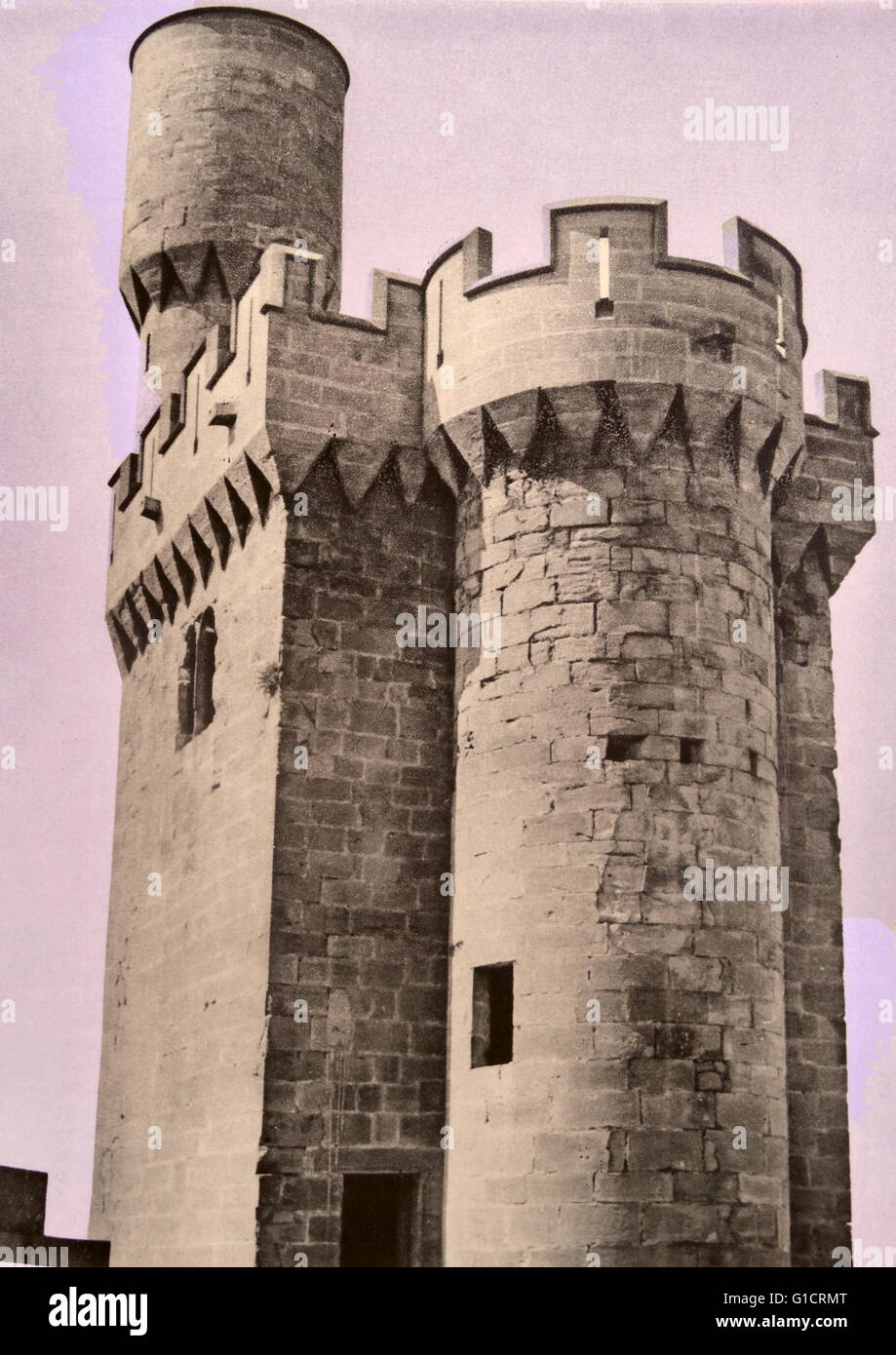 Palacio de Los Reyes de Navarra de Olite (Palast der Könige von Navarra von Olite) Burg von Olite; erbaut im 13. und 14. Jahrhundert in der Stadt von Olite; Navarra. Es war einer der Sitze des Gerichtshofs des Königreichs Navarra; Seit der Herrschaft von Charles III "die edle". Stockfoto