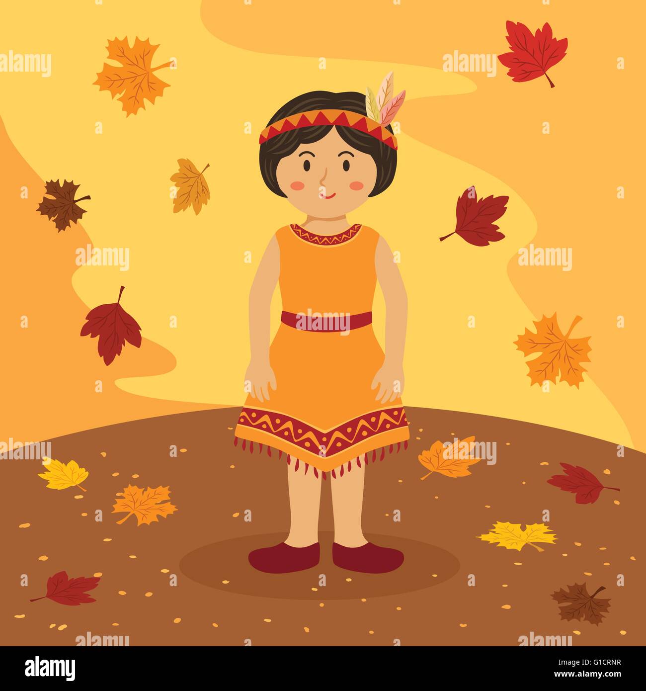 Thanksgiving inderin. Illustration der Thanksgiving-Grußkarte mit einem Kurzhaarschnitt indianischen Mädchen in autu Stock Vektor