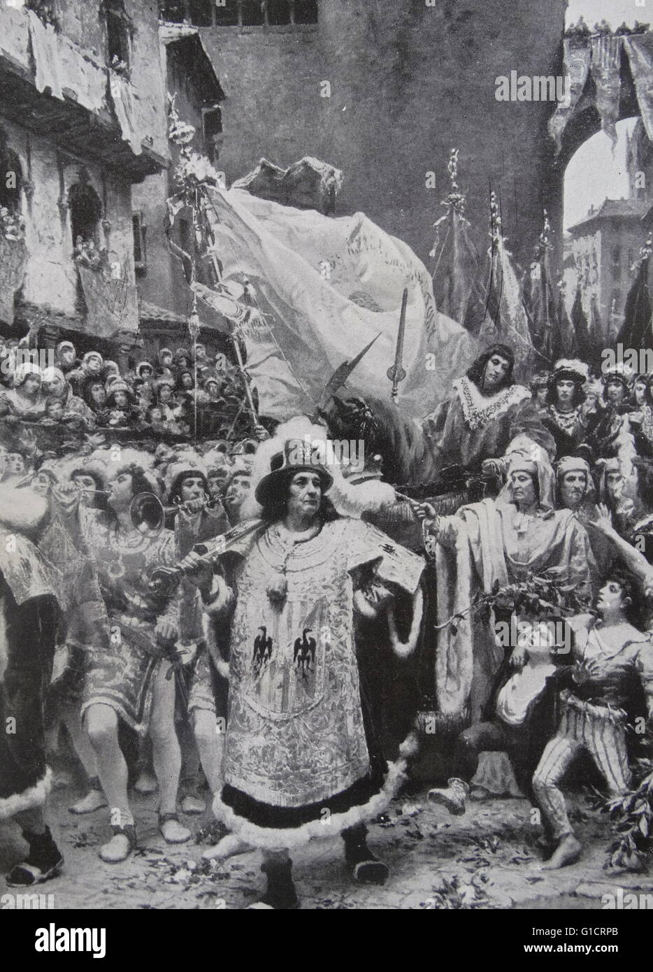 Malerei der Darstellung des Einganges des Prinzen von Vianna in Barcelona von Ramon Tusquets Maignon (1837-1904) Italienisch-spanischen Maler. Vom Jahre 1885 Stockfoto