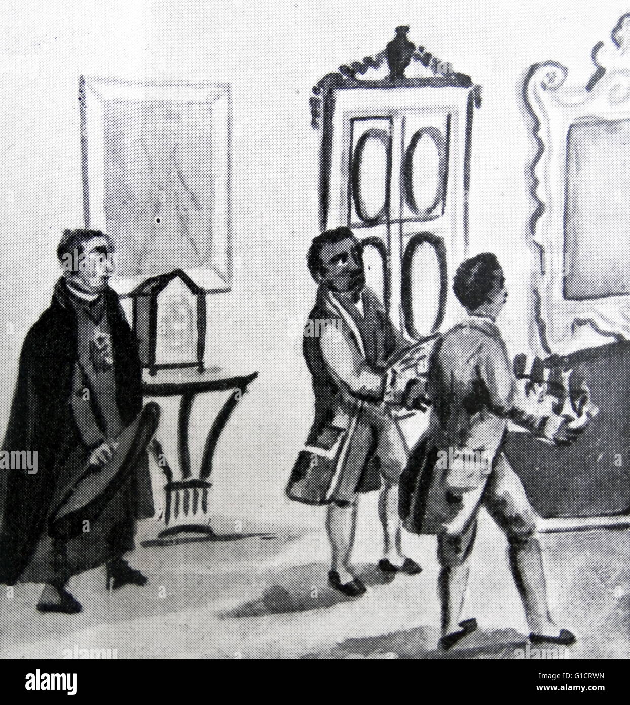 Aquarell mit dem Titel "The Kolonialgesellschaft: Lakaien und Untertassen von Pancho Fierro (1807-1879) Afro-peruanischen Maler. Vom 19. Jahrhundert Stockfoto