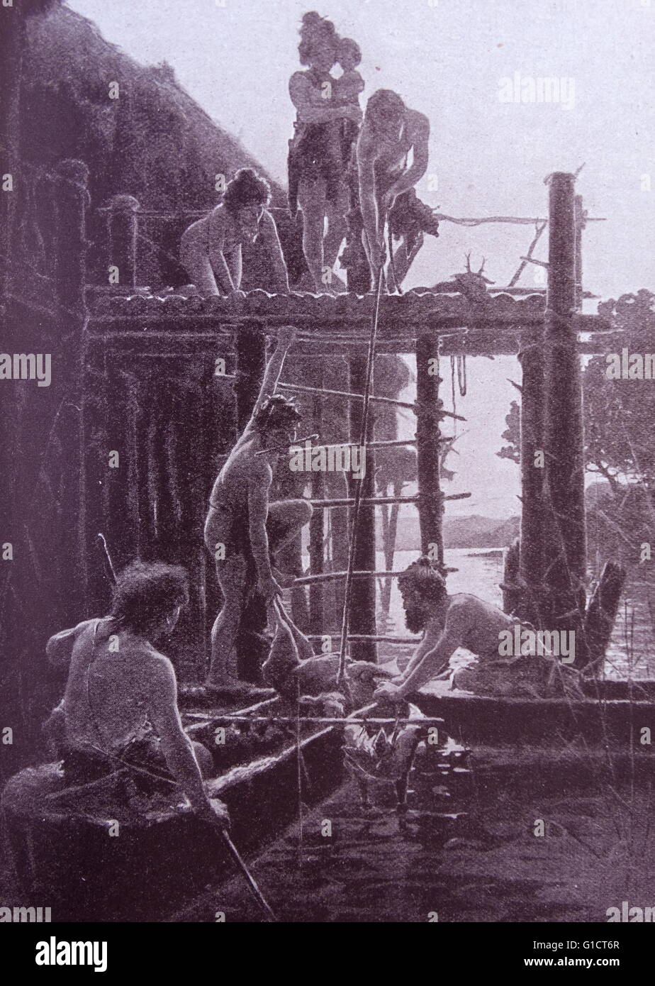 See-Bewohner von der Jagd in ihren Einbäumen Rückkehr Stockfoto