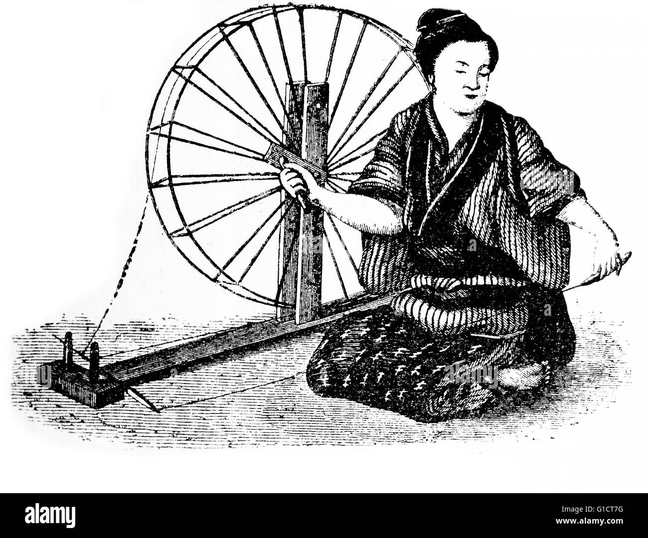 Holzschnitt, Zeichnung von einem japanischen Bauern Frau Kokons Seide Stockfoto