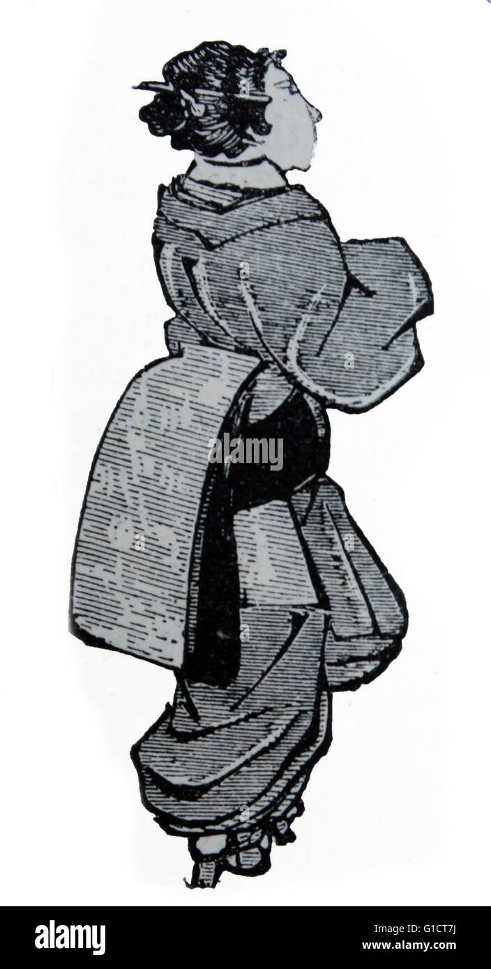 Holzschnitt, Zeichnung von einer japanischen Frau zu Fuß in Kostüm Stockfoto