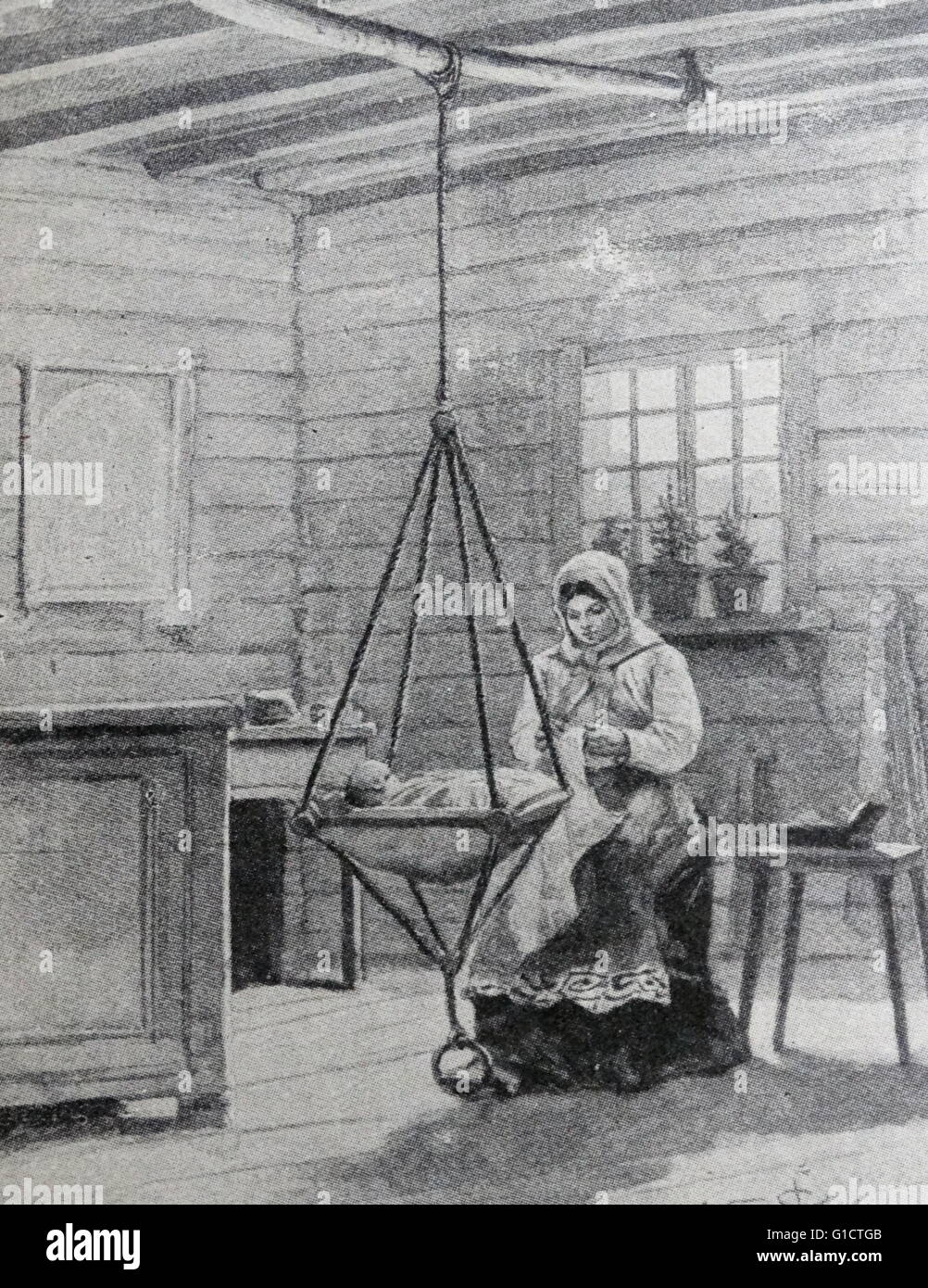Russische Bäuerin Felsen ein Baby in den Schlaf; Sibirien 1900 Stockfoto