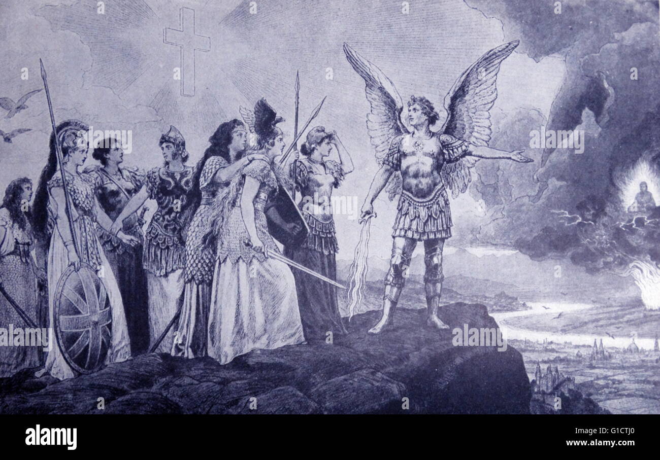 Deutsche Darstellung, die den Erzengel Michael drängen die Nationen Europas, China (die gelbe Gefahr) 1870 herauszufordern Stockfoto