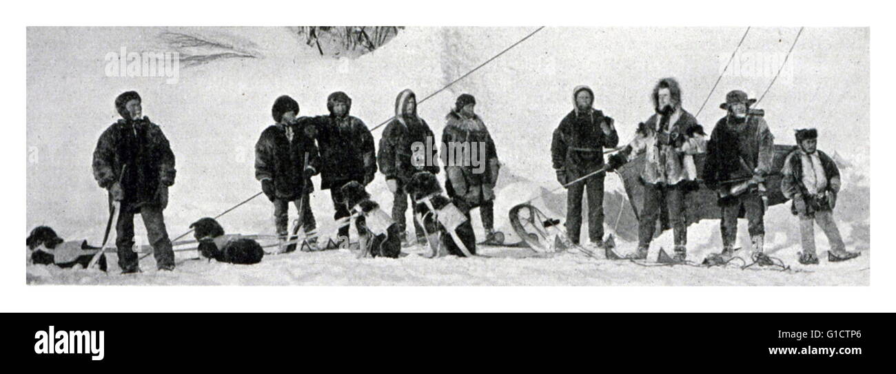 Hundeschlitten-Fahrt auf der 141. Meridian bis zum arktischen Ozean. Staatsgrenze Partei unter Assistent John H. Turner. Fuhr von Stachelschwein zum Eismeer und zurück in 18 Tagen. Eine hin-und Rückfahrt von über 400 Meilen---war die niedrigste Temperatur-50 Fahrenheit. 27. März bis 14. April; 1890 Stockfoto