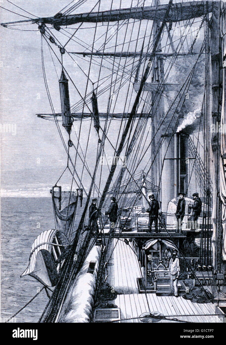 Die Baggerarbeiten und klingende Arrangements an Bord der "Challenger" 1876. Die Challenger-Expedition 1872-76 war eine wissenschaftliche Übung, die den Grundstein der Ozeanographie legen viele Entdeckungen gemacht. Stockfoto