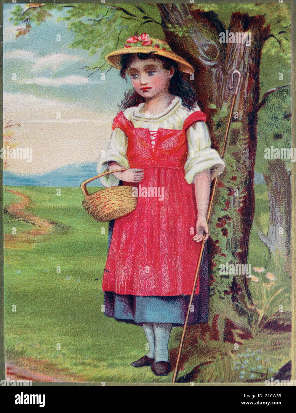 Farblitho Darstellung eine Mädchen vom Lande mit einem Korb und Stroh Hut Stockfoto