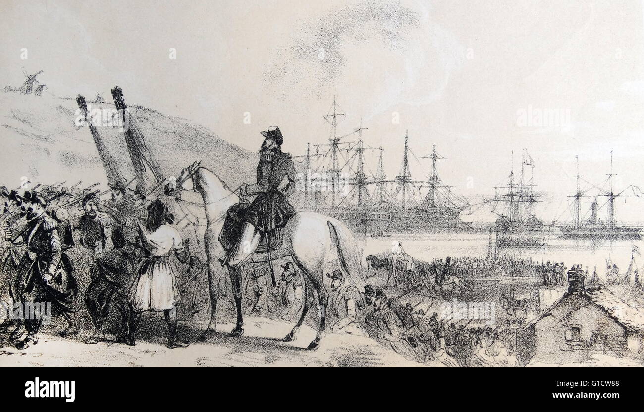 Getönte Lithographie von französischen Depot und Landeplatz, Cherson-Kosaken Bay. Vom 19. Jahrhundert Stockfoto