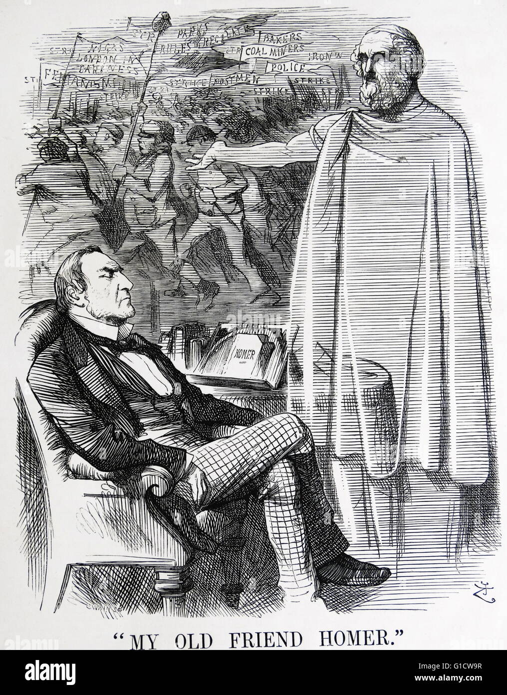 Politische Satire, die Darstellung von William Ewart Gladstone (1809-1898) ehemaliger Premierminister von Großbritannien, und seine "alte Freund Homer" zeichnen seine Aufmerksamkeit auf die wachsende industrielle Unruhen im Land. Von Sir John Tenniel (1820-1914), englischer Illustrator, grafische Humorist und Karikaturist. Vom 19. Jahrhundert Stockfoto