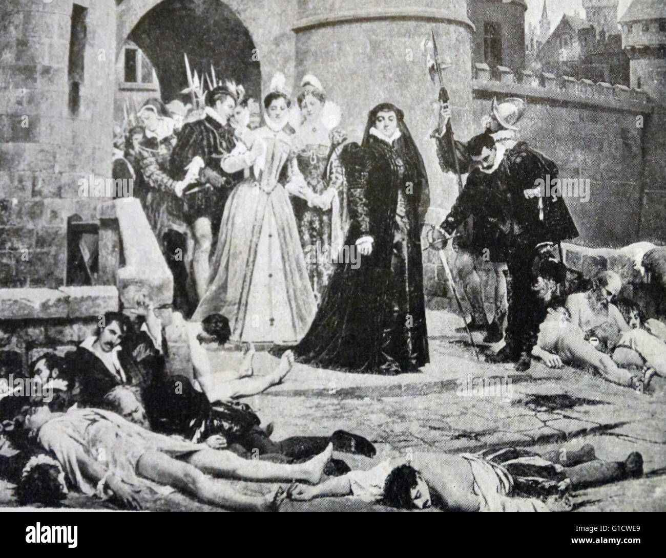 Gemälde, Catherine de Medici (1519-1589) Anschluss an die St.-Bartholomäus Tag Massaker anzeigen. Das Massaker war eine Zielgruppe der Morde und eine Welle von katholischen Mob Gewalt, gegen die Hugenotten während der französischen Religionskriege. Datiert aus dem 16. Jahrhundert Stockfoto