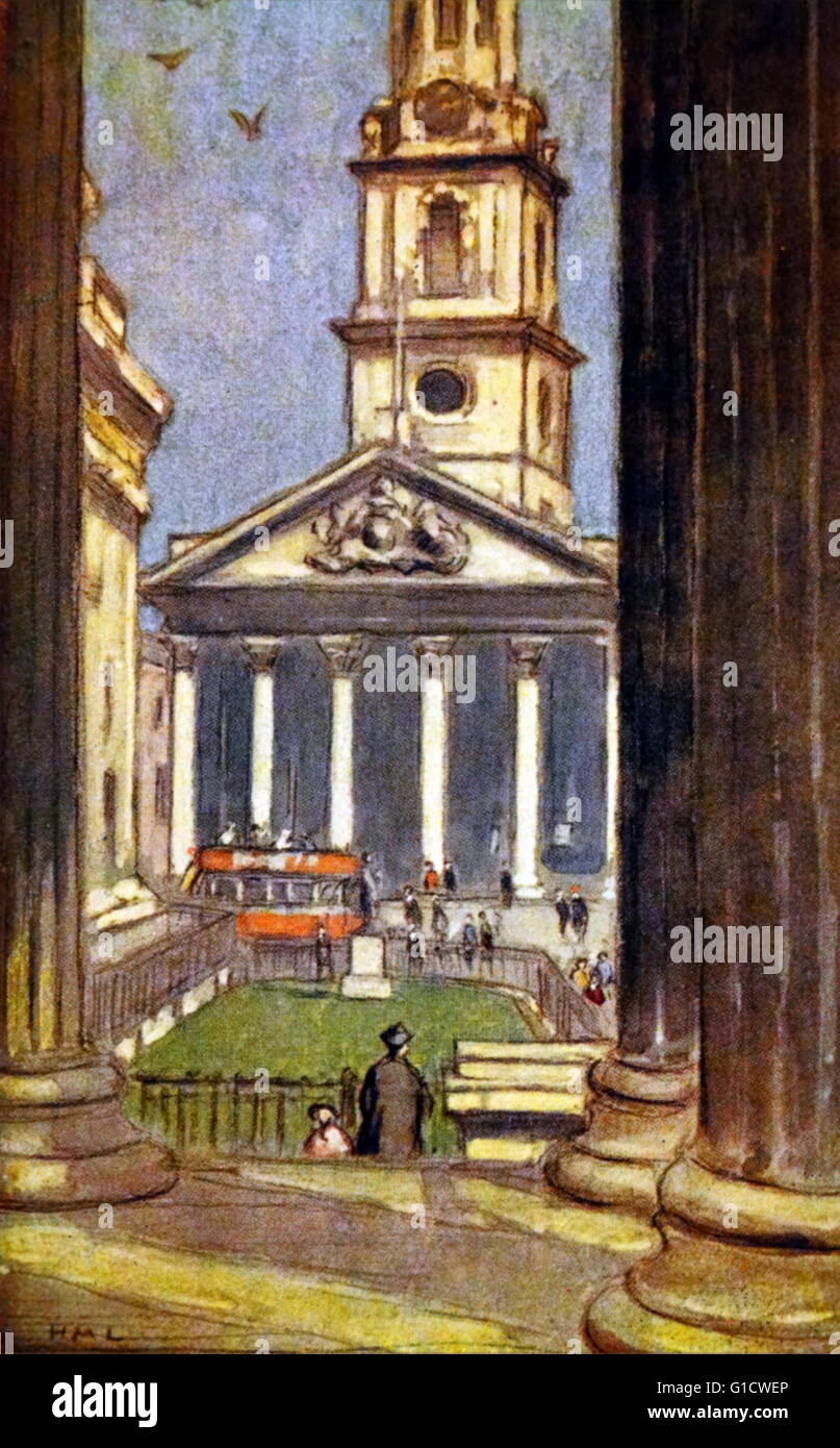 Farbige Skizze der St. Martin-in-the-Fields, eine englische anglikanische Kirche an der Nordost-Ecke des Trafalgar Square in der City of Westminster, London. Vom 20. Jahrhundert Stockfoto