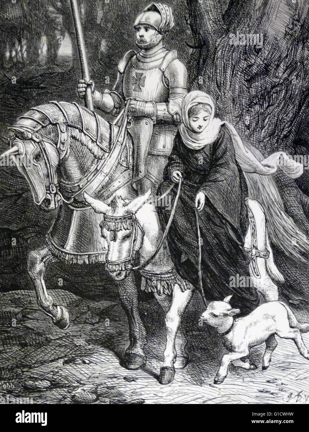 12. Jahrhundert Ritter auf Horsback begleitet eine Dame. 19. Jahrhundert englische Darstellung Stockfoto