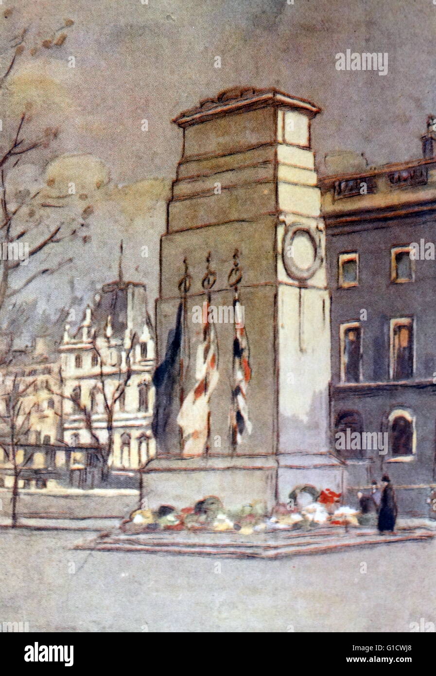 Farbige Skizze der Kenotaph, das Kriegerdenkmal am Whitehall in London gelegen. Vom 20. Jahrhundert Stockfoto