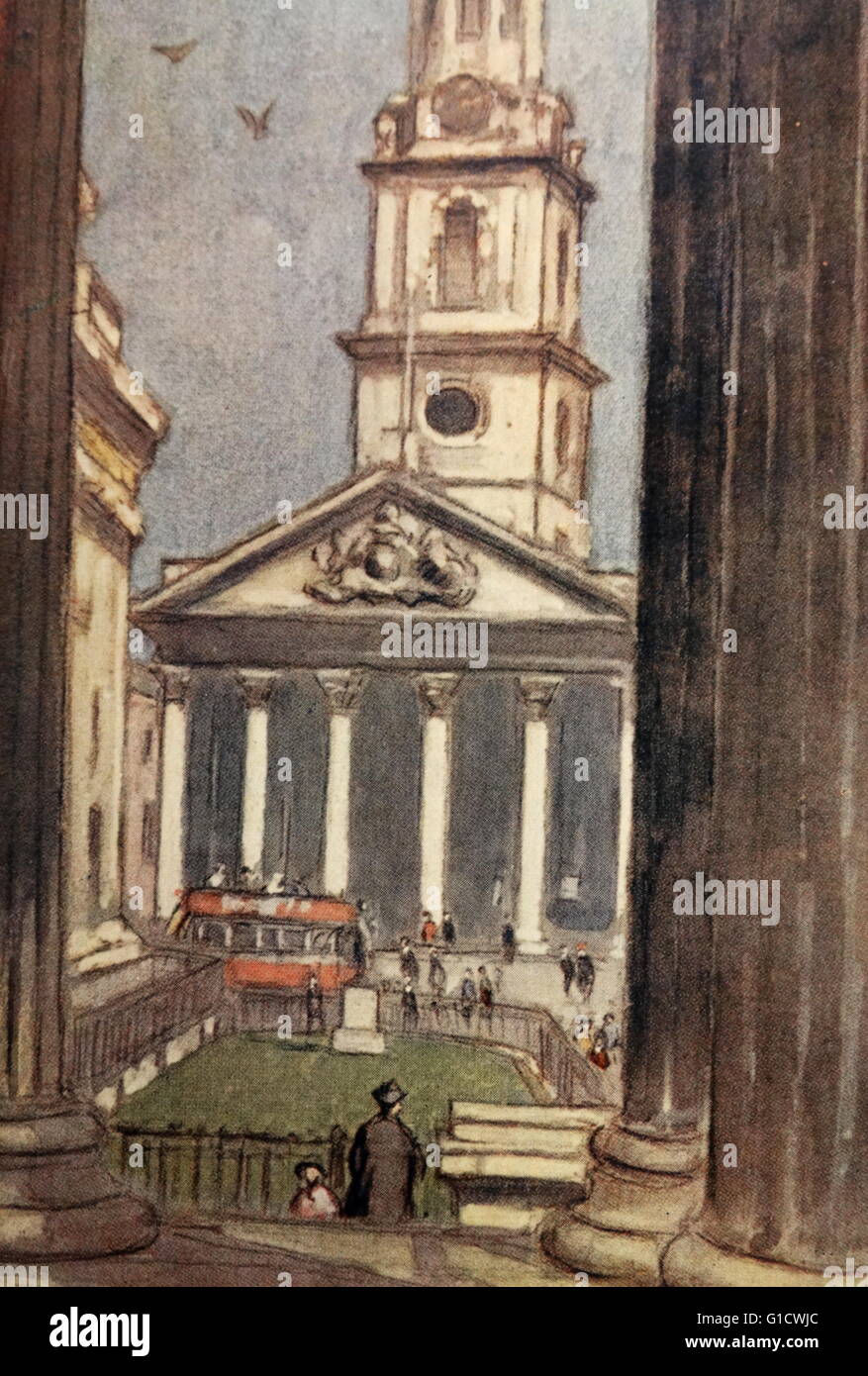 Farbige Skizze der St. Martin-in-the-Fields, eine englische anglikanische Kirche an der Nordost-Ecke des Trafalgar Square in der City of Westminster, London. Vom 20. Jahrhundert Stockfoto