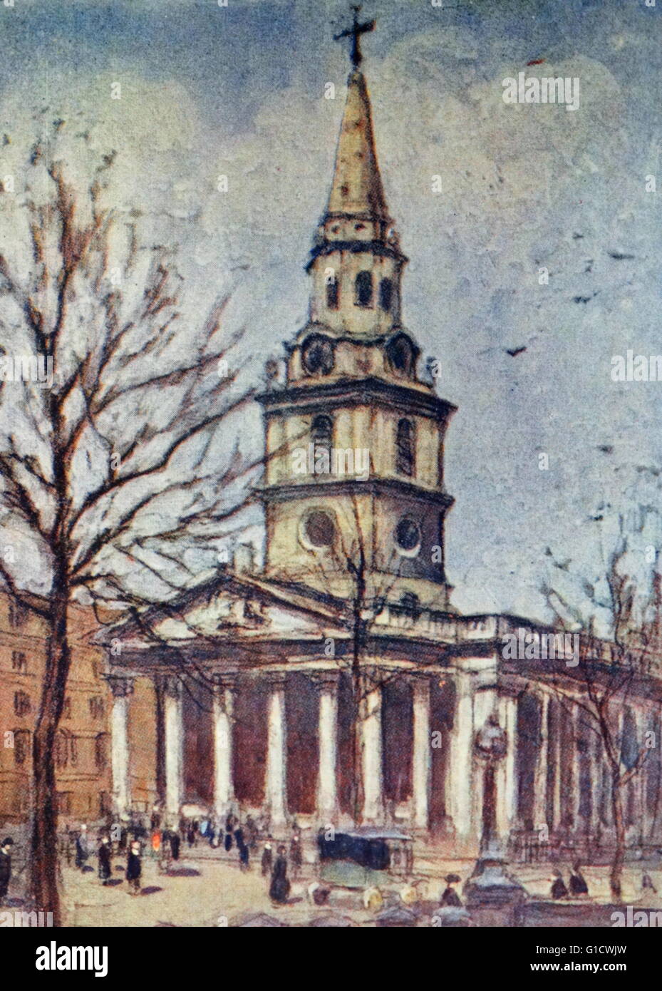 Farbige Skizze der St. Martin-in-the-Fields, eine englische anglikanische Kirche an der Nordost-Ecke des Trafalgar Square in der City of Westminster, London. Vom 20. Jahrhundert Stockfoto