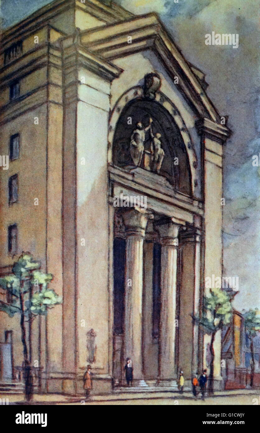 Farbige Skizze der Portikus Bush House in London. Es dient heute als Bestandteil der Strang Campus von Kings College London. Vom 20. Jahrhundert Stockfoto