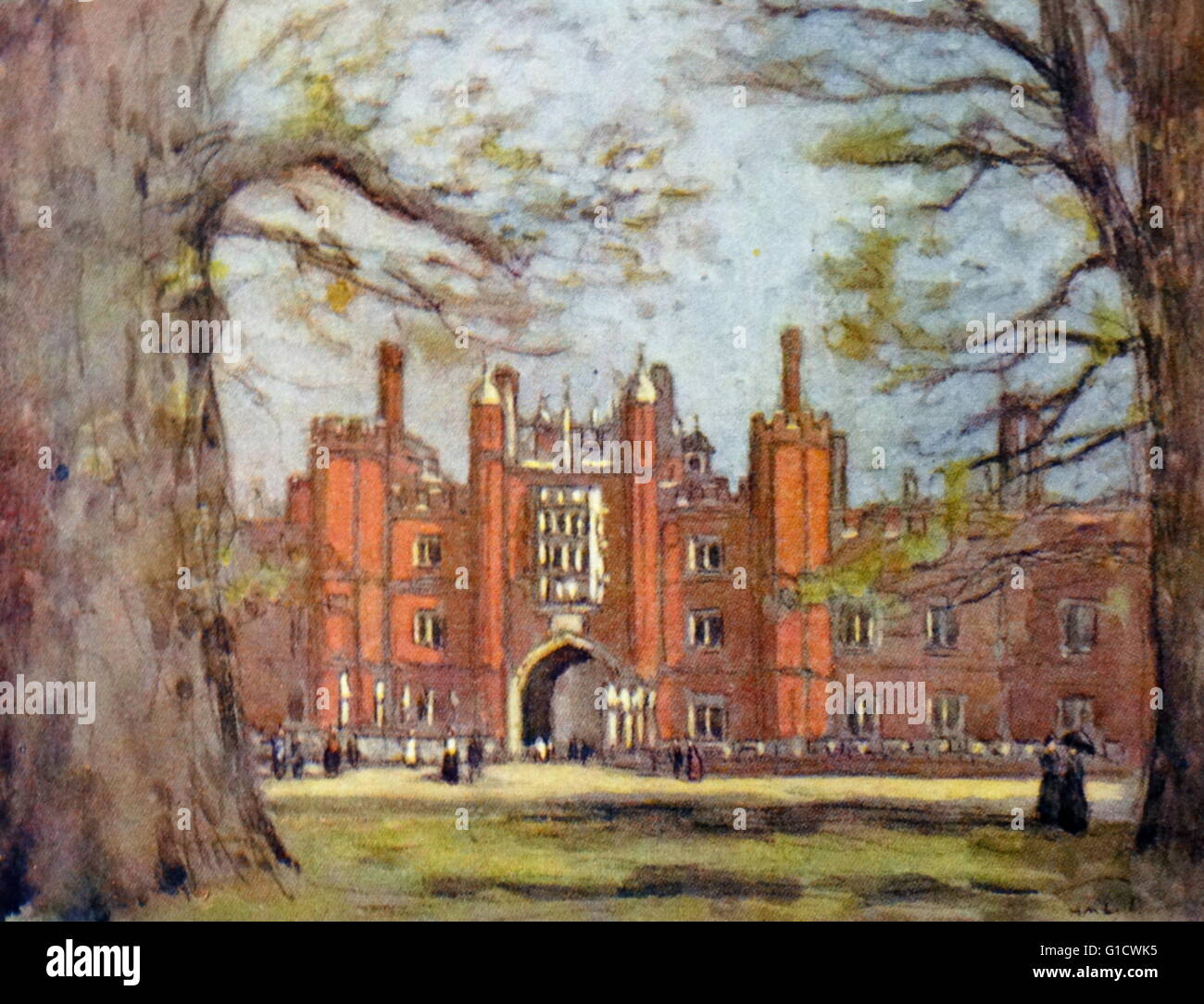 Farbige Skizze der das große Tor des Hampton Court Palace, ein königlicher Palast in London Borough of Richmond upon Thames, Greater London. Vom 20. Jahrhundert Stockfoto