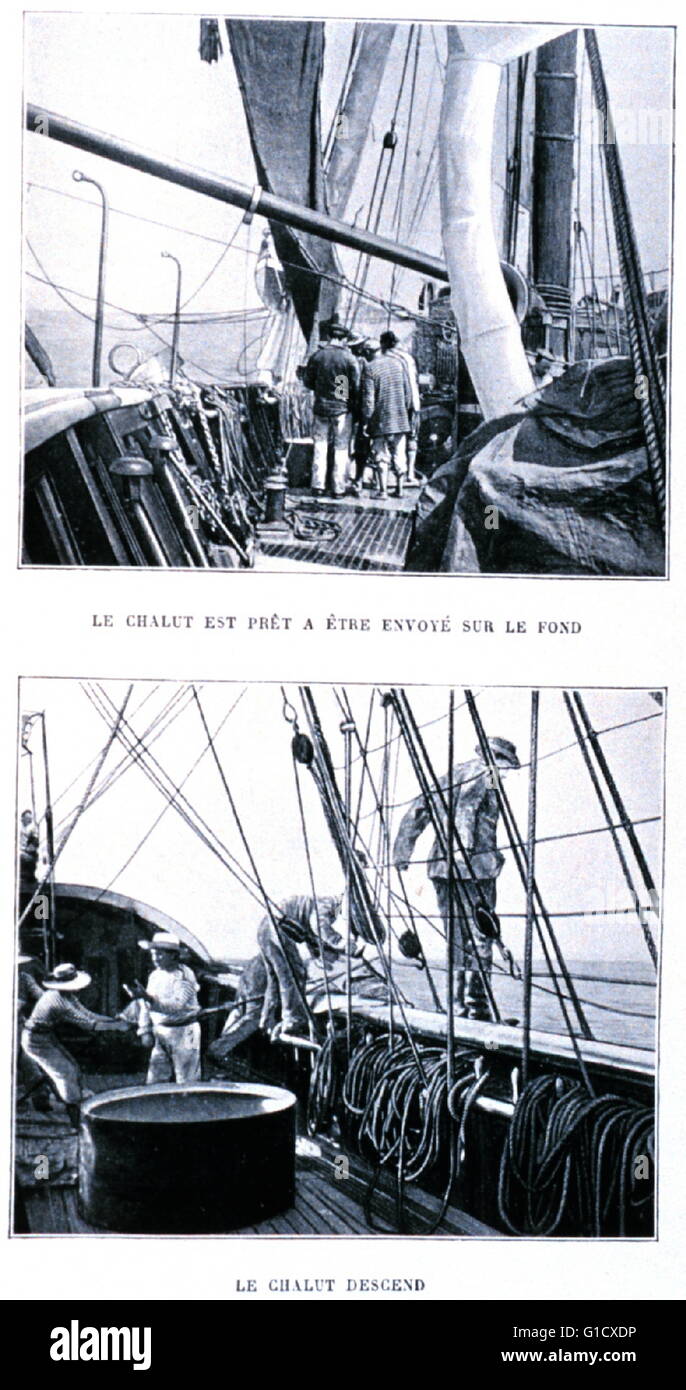 Fotodruck von der Vorbereitung und Bereitstellung der Tiefsee Schleppnetz aus "L'Ocean" von J. Thoulet. Vom 20. Jahrhundert Stockfoto
