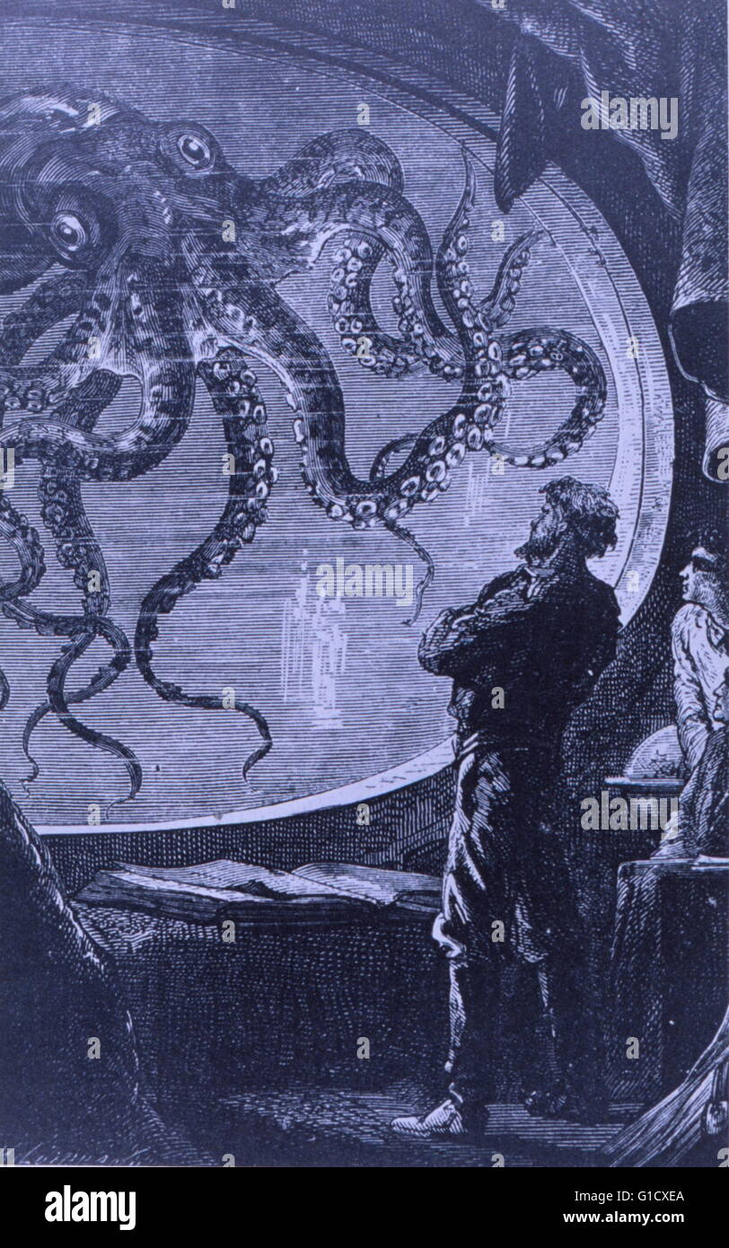 Gravur mit Captain Nemo Beobachtung einer riesigen Krake aus Jules Vernes "20.000 Meilen unter dem Meer." Vom 19. Jahrhundert Stockfoto