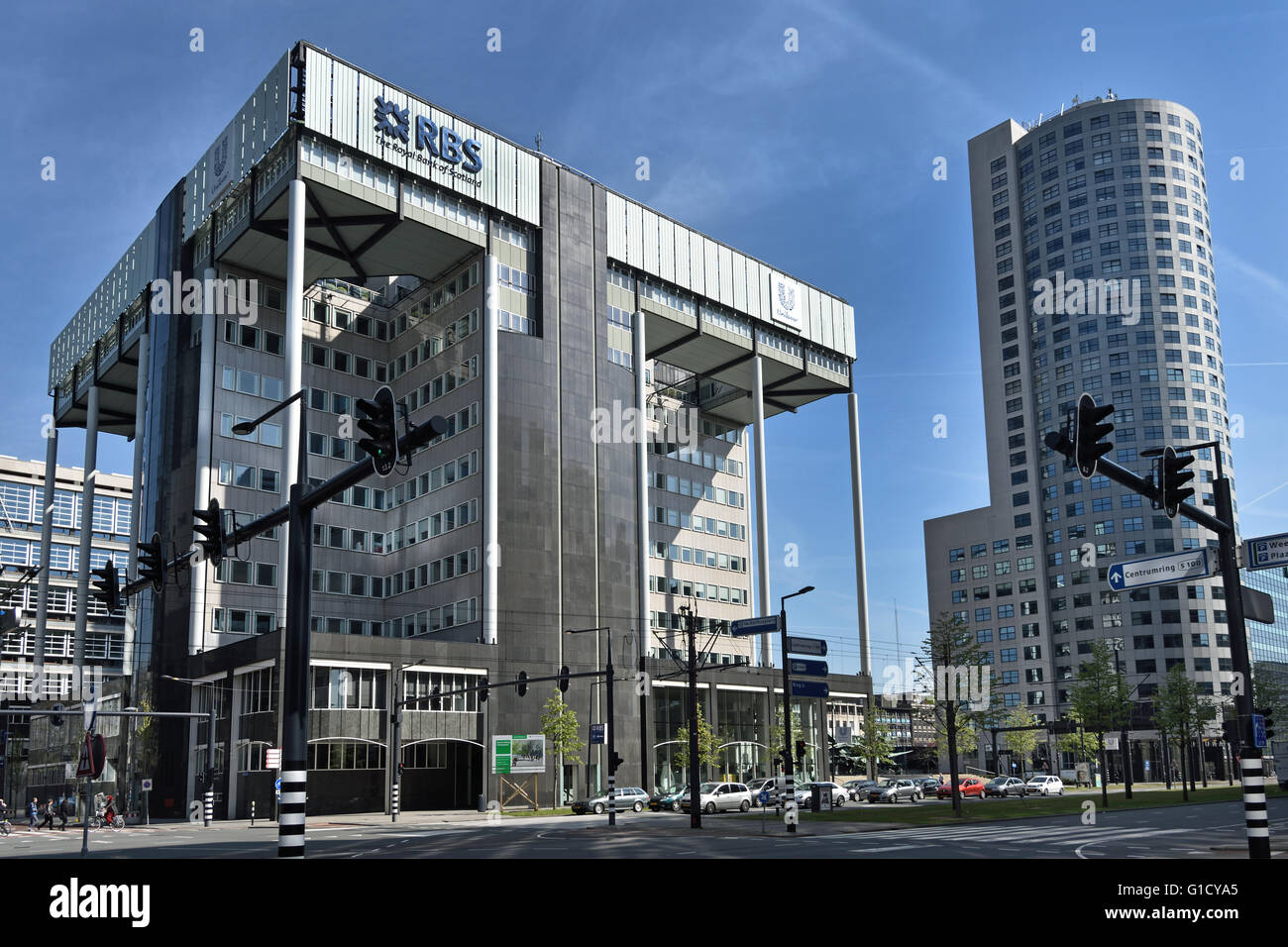 RBS Royal Bank of Scotland und Unilever Deftse Poort Niederlande niederländische Stadt Rotterdam Weena, Stockfoto