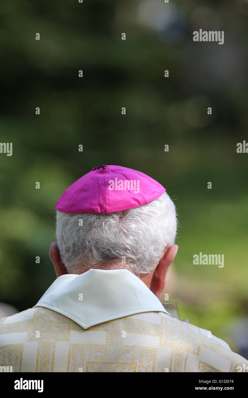 Mgr Yves Boivineau mit einem violetten Pileolus.  La Roche-Sur-Foron. Frankreich. Stockfoto