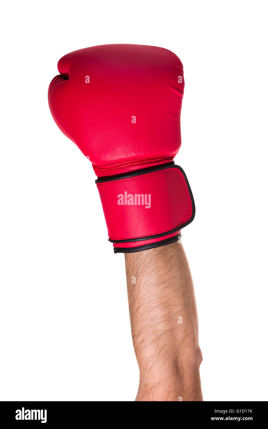 Rote Boxhandschuh auf weißem Hintergrund. Stockfoto