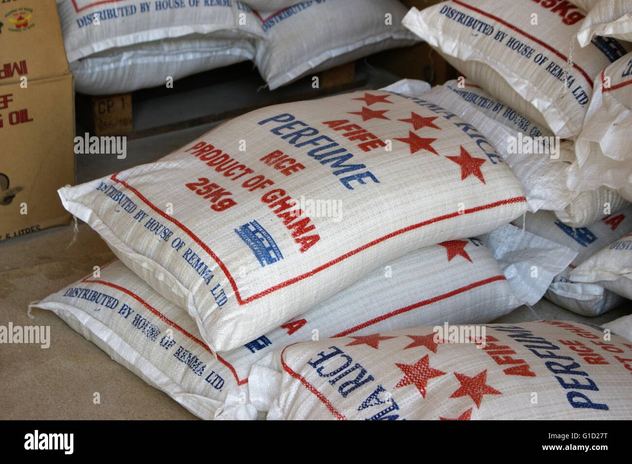 Taschen von "Made in Ghana" produziert Reis. Stockfoto