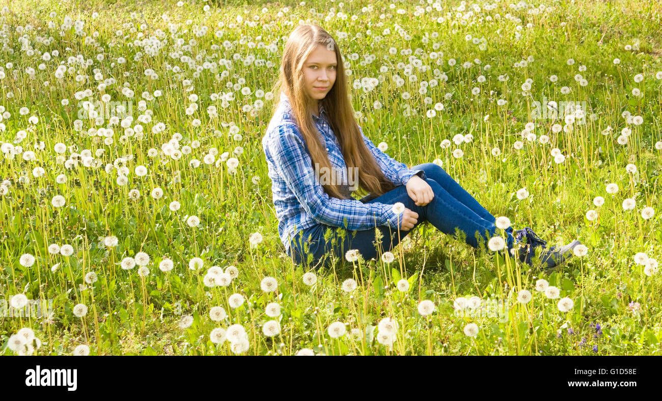Junge schöne Mädchen, 16 Jahre, europäische, mit langen braunen Haaren, in Jeans und Rock, sitzt auf Wiese mit weißen Löwenzahn. Stockfoto