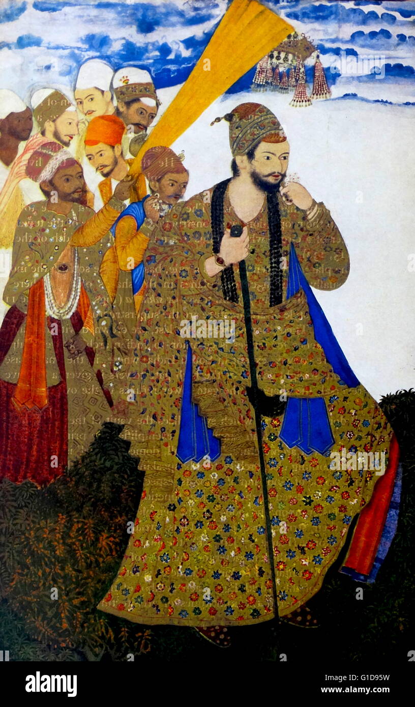 Ibrahim Adil Shah II (1556 – 1627) war König von Sultanat Bijapur und Mitglied der Adil Shahi-Dynastie. Indische Miniatur 1591 Stockfoto