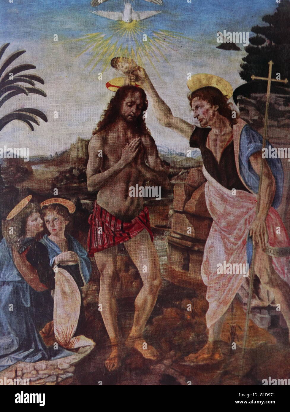 Die Taufe Christi 1472-1475. Malerei von der italienischen Renaissance-Maler Andrea del Verrocchio (c. 1435 – 1488). Stockfoto