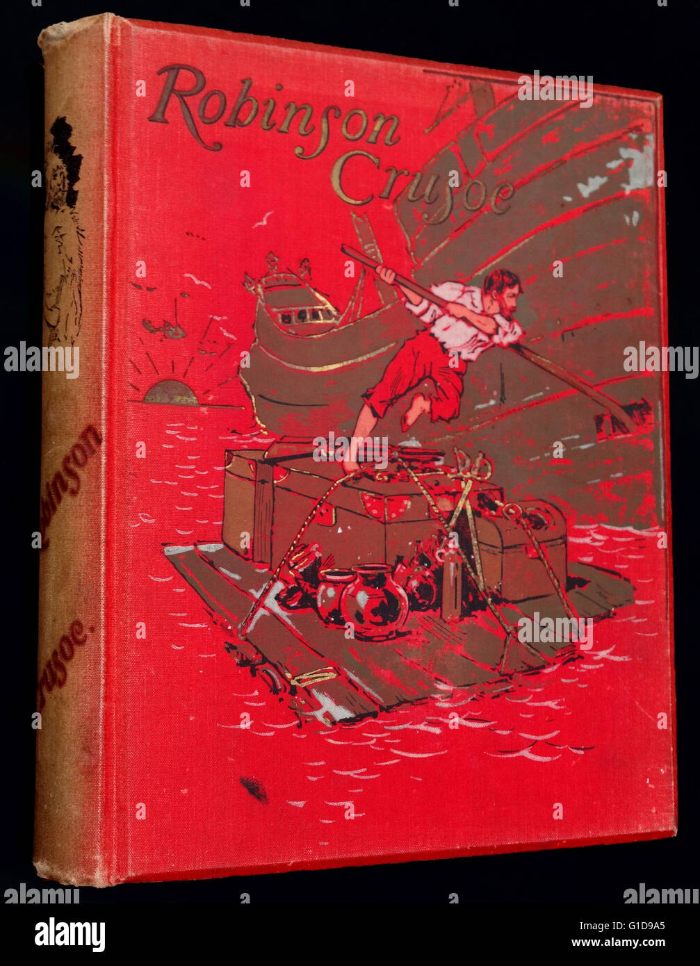 Vordere Abdeckung Abbildung bilden die illustrierte Version von Robinson Crusoe von Daniel Defoe 1895. Robin Crusoe erzählt die Geschichte eines Explorer-Schiff zerstört, auf einer Insel, wo er viele Herausforderungen zu überleben muss. Stockfoto